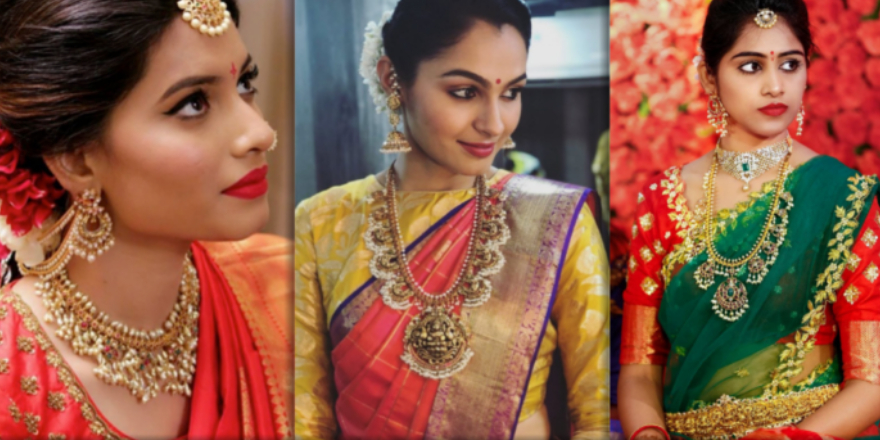 Portrait Of Three Indian Bride Models In Traditional, Ethnic Wedding Makeup.