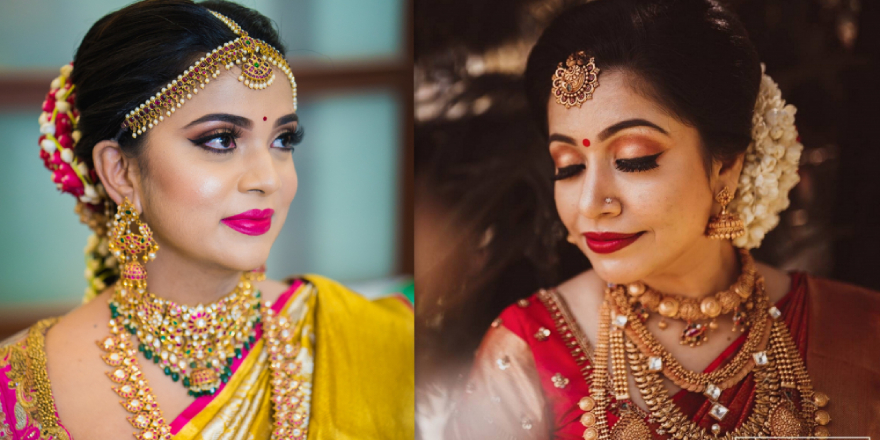 Portratit Of Two Indian Brides In Traditional, Ethnic Wedding Makeup.