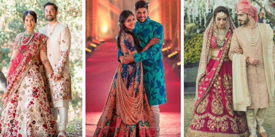 Multiple Images Of Indian Wedding Couples Dressed For Their Wedding Sangeeth.